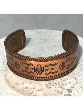Vintage Copper Cuff Bracelet Thunderbird Southwest Native Style Etched Design